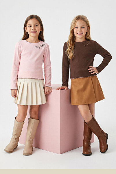 TRENDYOLKIDS Powder-Brown Cotton 2-Piece Embroidered Regular Corded Fabric Girl's Knitted T-Shirt Tkdaw26Ts00011