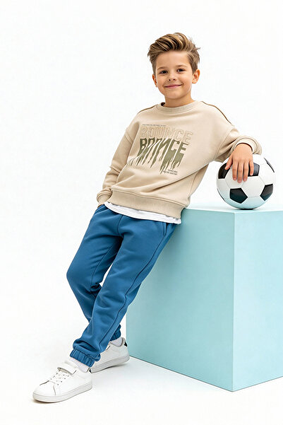 TRENDYOLKIDS Beige Cotton Slogan Printed Hooded Regular Boy's Knitted Sweatshirt Tkdaw26Sw00018