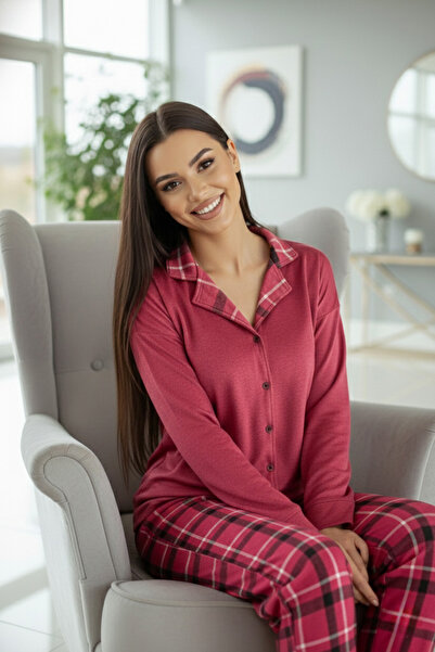 Pijamaevi Red Plaid Pattern Thermal Front Buttoned Long Sleeve Women's Pajama Set