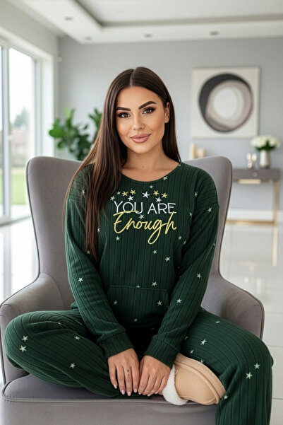 Pijamaevi Green Enough Patterned Kangaroo Pocket Plush Fleece Pajama Set