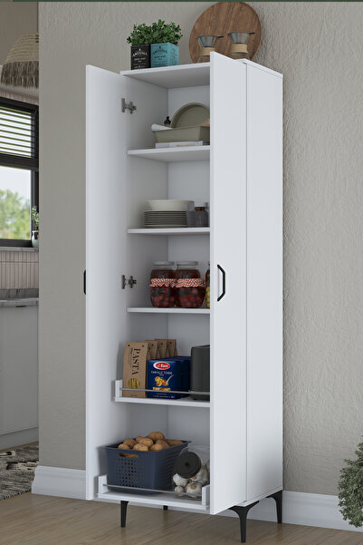 Rani Mobilya Rani JE110 Çok Amaçlı Dolap 2 Kapaklı 5 Raflı Banyo Kiler Mutfak Dolabı Beyaz