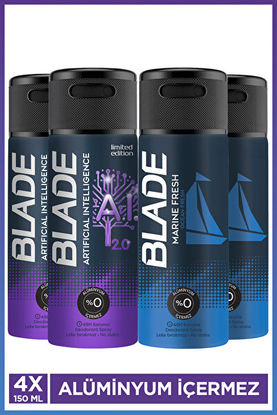 Blade Erkek Deodorant 4x150 Ml (Artificial Intelligence 2.0, Marine Fresh) Hızlı Kurur,Leke Bırakmaz