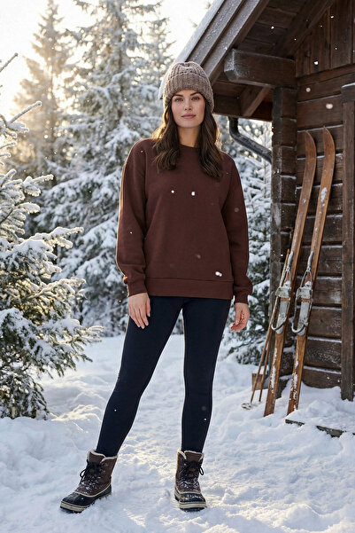 Trendyol Collection Φούτερ με χοντρή εφαρμογή - Καφέ φλις με λαιμόκοψη TWOAW24SW00101