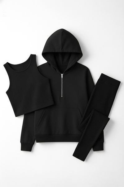 Trendyol Collection Black 3-Piece Oversized /Wide Fit Hooded Tights Knitted Bottom - Top Set Twoaw26Au00151