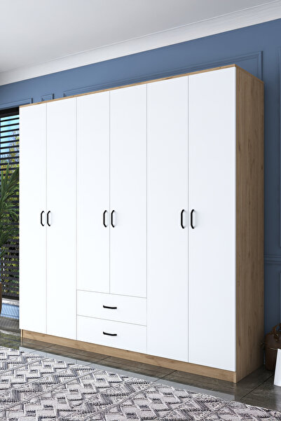 Rani Mobilya Rani Ba111 Geniş Gardırop Elbise Dolabı 6 Kapaklı 2 Çekmeceli 5 Raflı 3 Askılı Sepet Ceviz - Beyaz