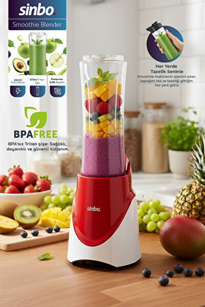 Sinbo SHB-7508 300W Smoothie Blender |Paslanmaz Çelik Bıçaklı, 570 ml Tritan Sporcu Matarası-Kırmızı