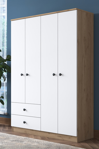 Rani Mobilya Rani Ba108 Geniş Gardırop Elbise Dolabı 4 Kapaklı 2 Çekmeceli 1 Raflı 2 Askılı Sepet Ceviz - Beyaz