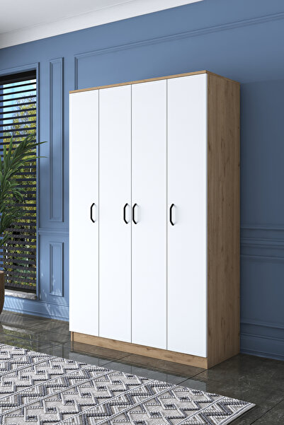 Rani Mobilya Rani Ba116 Geniş Gardırop Elbise Dolabı 4 Kapaklı 12 Raflı 2 Askılı Sepet Ceviz - Beyaz