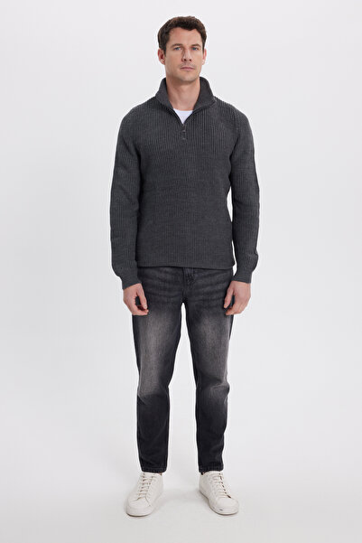 Tudors Ανδρικό πλεκτό πουλόβερ με λεπτή εφαρμογή με φερμουάρ σε γκρι γιακά