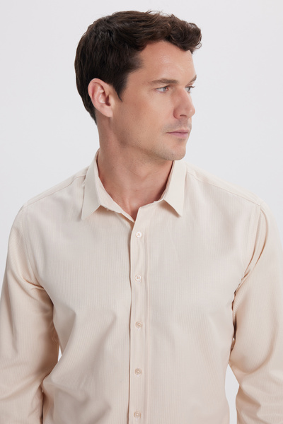 Tudors Cămașă modernă pentru bărbați, din bumbac, cu mâneci lungi, ușor de călcat, bej, slim fit