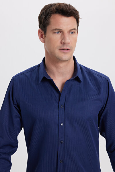 Tudors Modern Slim Fit Long Sleeve Cotton Easy Iron Dobby Navy Blue Men's Shirt