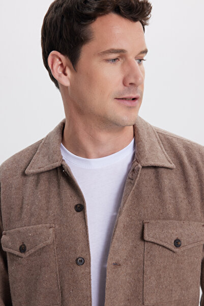 Tudors Men's Regular Fit Relaxed Fit Double Pocket Flap Snap Button Light Brown Shirt