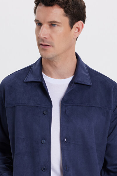 Tudors Men's relaxed fit comfortable straight suede navy jacket shirt with side pockets