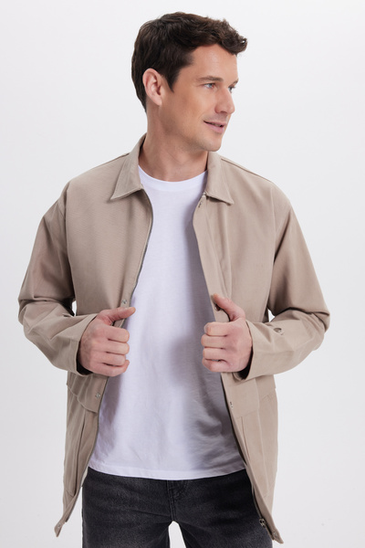 Tudors Cămașă pentru bărbați, cu potrivire relaxată, confortabilă, croială bumbac 100% buzunare duble, cu fermoar, bej