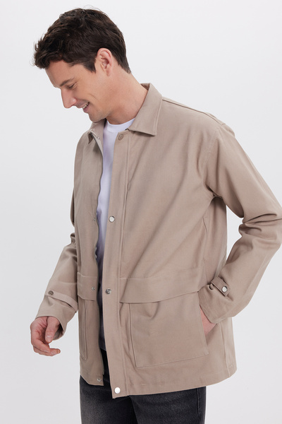 Tudors Cămașă pentru bărbați, cu potrivire relaxată, confortabilă, croială bumbac 100% buzunare duble, cu fermoar, bej