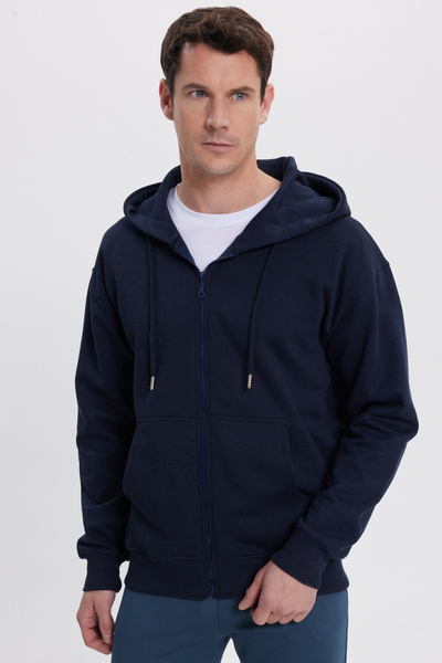 Tudors Men's Relax Fit Comfortable Cut Cotton Full Zipper Navy Blue Sweatshirt with Kangaroo Pocket Backpack