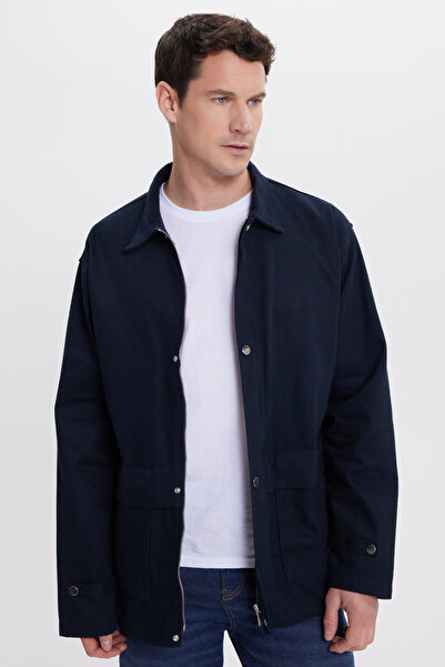 Tudors Men's Relax Fit Comfortable Cut 100% Cotton Double Pocket Zippered Navy Blue Coat Shirt