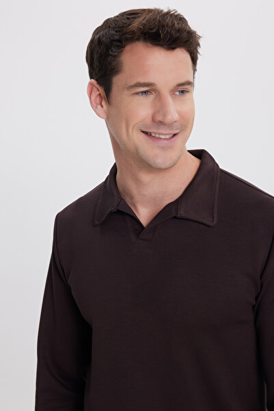 Tudors Мъжка удобна поло блуза с V-образно деколте в кафяво