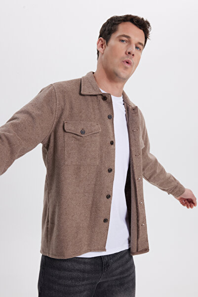 Tudors Men's Regular Fit Relaxed Fit Double Pocket Flap Snap Button Light Brown Shirt