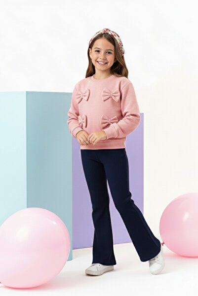 TRENDYOLKIDS Pink Crew Neck Oversized Girls' Knitted Bottom - Top Set Tkdaw26Au00021