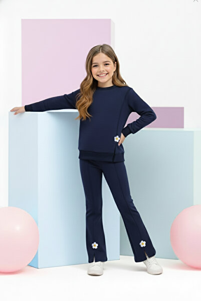 TRENDYOLKIDS Navy Blue Cotton Floral Regular Girl's Knitted Bottom - Top Set Tkdaw26Au00011