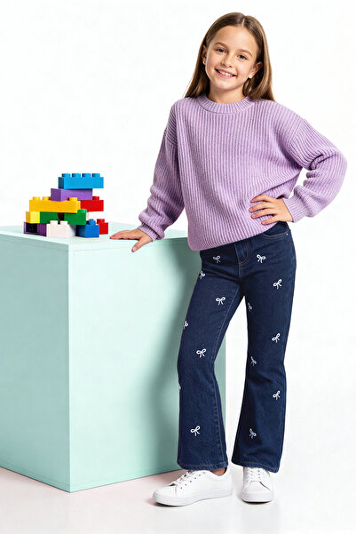 TRENDYOLKIDS Blugi pentru fetiță, albastru închis, bumbac 100% brodate