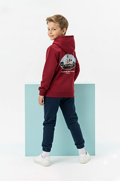 TRENDYOLKIDS Claret Red Cotton Hooded Thick/Inside Fleece O Oversized Boys' Knitted Bottom - Top Set Tkdaw26Au00035
