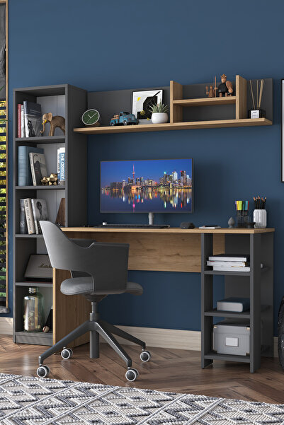 Rani Mobilya Rani Ha125 Kitaplıklı Raflı Çalışma Ofis Bilgisayar Masası Antrasit - Sepet Ceviz