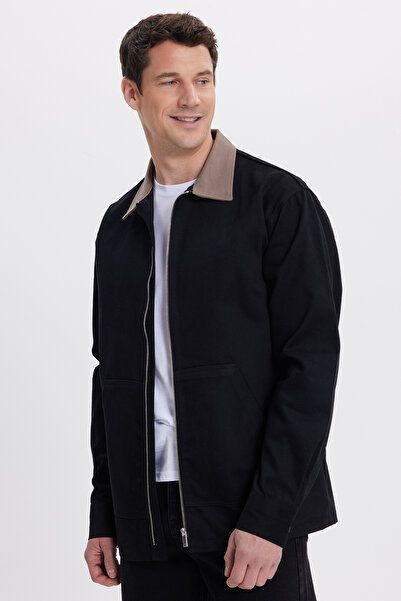 Tudors Men's Relax Fit Comfortable Cut Gabardine Straight Zippered Kangaroo Pocket Contrast Collar Black Shirt Jacket