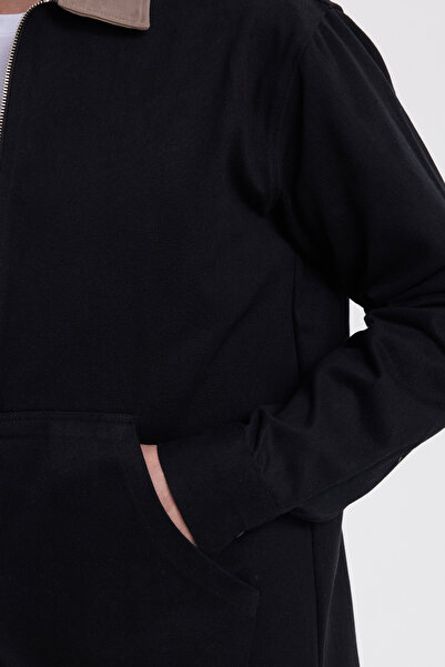 Tudors Men's Relax Fit Comfortable Cut Gabardine Straight Zippered Kangaroo Pocket Contrast Collar Black Shirt Jacket