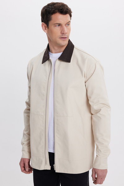 Tudors Men's Relax Fit Comfortable Cut Gabardine Straight Zippered Kangaroo Pocket Contrast Collar Beige Shirt Jacket