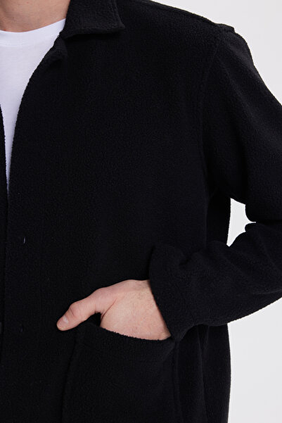 Tudors Ανδρικό πουκάμισο με κανονική εφαρμογή, άνετο κομμένο βελούδινο πουκάμισο με διπλή τσέπη με κουμπωτά και μαύρο παλτό