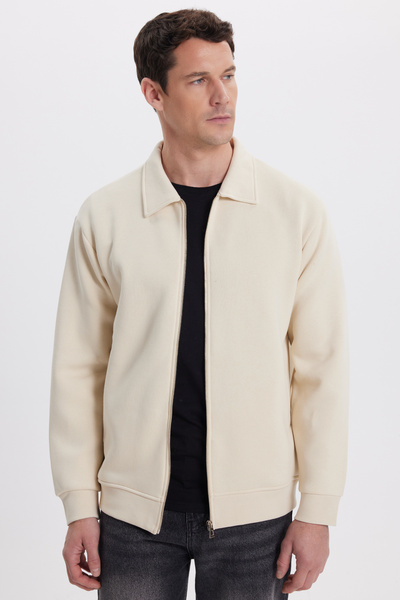 Tudors Unisex Relax Fit Comfortable Cut Cotton Inner Fleece Zippered Beige Polo Neck Flato Pocketed Sweatshirt Cardigan