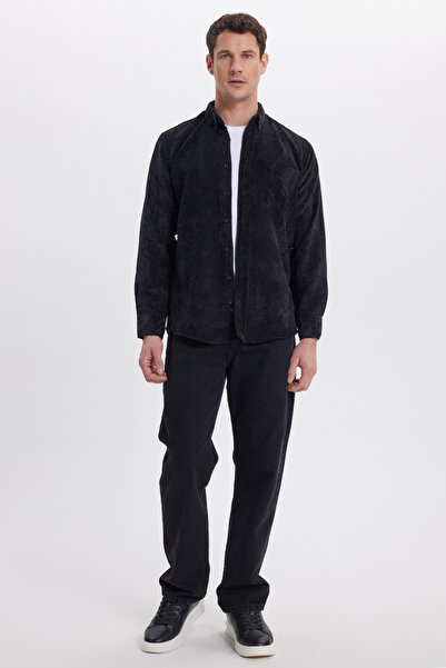 Tudors Men's Regular Fit Relaxed Cut Corded Fabric Velvet Look Buttoned Collar Black Jacket Shirt