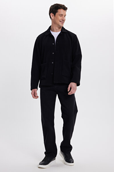 Tudors Ανδρικό πουκάμισο με κανονική εφαρμογή, άνετο κομμένο βελούδινο πουκάμισο με διπλή τσέπη με κουμπωτά και μαύρο παλτό