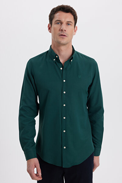 Tudors Men's Slim Fit Slim Fit Straight Oxford Embroidered Collar Buttoned Khaki Sports Shirt