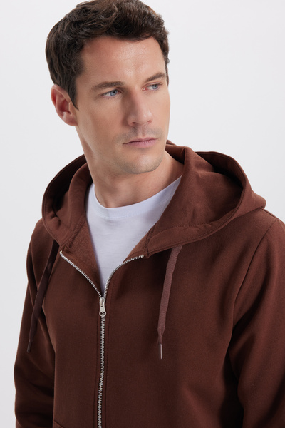 Tudors Unisex Relax Fit Relaxed Cut Βαμβακερό Fleece Εσωτερικό Διπλή Τσέπη Πλήρες φερμουάρ Καφέ Φούτερ με κουκούλα