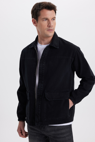 Tudors Men's relaxed fit comfortable double pocket denim black jean jacket shirt