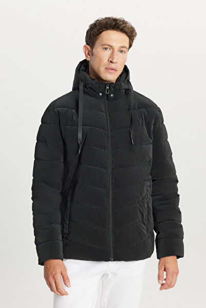 AC&Co / Altınyıldız Classics Men's Black Padded Standard Fit Regular Cut Stand Collar Hooded Side Pocket Jacket Coat