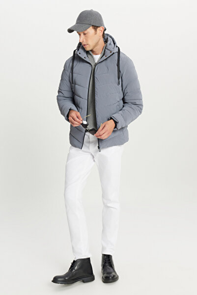 AC&Co / Altınyıldız Classics Men's Gray Padded Standard Fit Regular Cut Stand Collar Hooded Side Pocket Jacket Coat