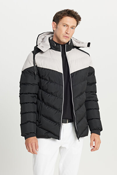 AC&Co / Altınyıldız Classics Men's Black-Beige Standard Fit Regular Cut Stand Collar Hooded Side Pocket Coat