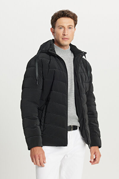 AC&Co / Altınyıldız Classics Men's Black Padded Standard Fit Regular Cut Stand Collar Hooded Side Pocket Jacket Coat