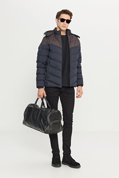 AC&Co / Altınyıldız Classics Men's Navy Blue-Brown Standard Fit Regular Cut Stand Collar Hooded Side Pocket Coat