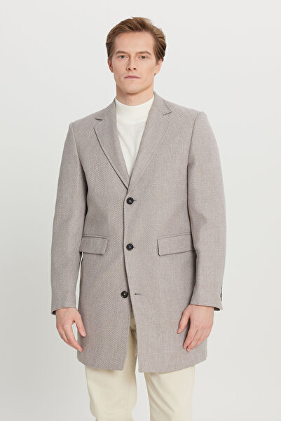 AC&Co / Altınyıldız Classics Ανδρικό παλτό μπεζ κανονικής εφαρμογής, κανονικής εφαρμογής, μονόχρωμο παλτό με κάλυμμα με λαιμόκοψη και τσέπες