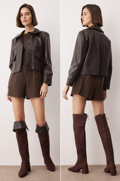 TRENDYOL SHOES Brown Suede Women's 6 cm Heeled Premium Boots Takaw26Cz00041