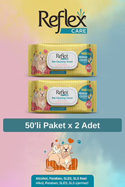 Reflex Care Nergis Çiçeği Kokulu Evcil Hayvan Temizleme Havlusu 50'li x 2 Adet