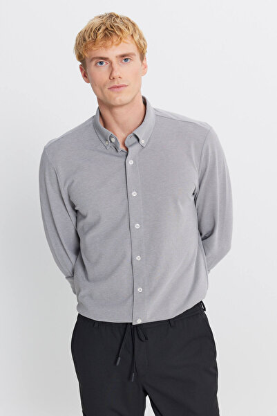 AC&Co / Altınyıldız Classics Men's Gray Cotton Tailored Slim Fit Slim Fit Button Collar Knitted Shirt
