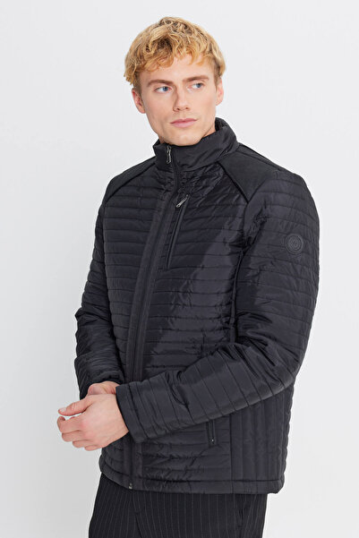 ALTINYILDIZ CLASSICS Men's Black Standard Fit Regular Cut Stand Collar Patterned Coat