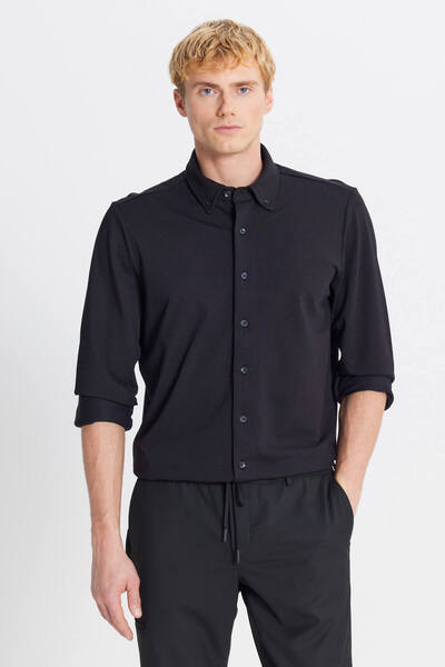 AC&Co / Altınyıldız Classics Men's Black Cotton Tailored Slim Fit Slim Fit Button down Collar Knitted Shirt