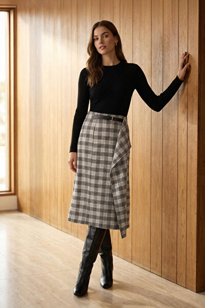 Trendyol Collection Special Collection Black Plaid Midi Skirt with Belt Detail Twoaw26Et00071